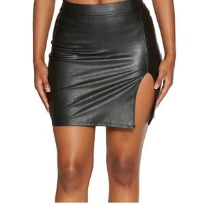Naked wardrobe black faux leather mini skirt side slit elastic waist pull on